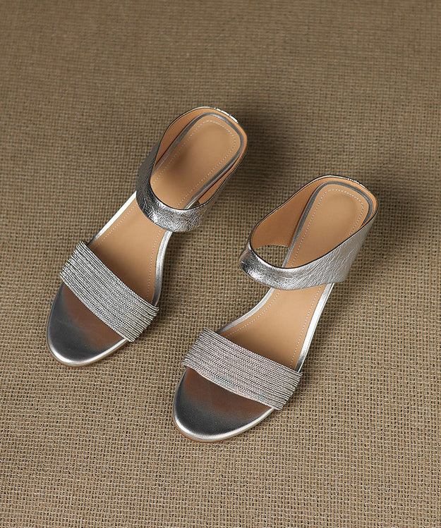Stylish Silver Splicing Wedge Zircon Sheepskin Slide Sandals Peep Toe