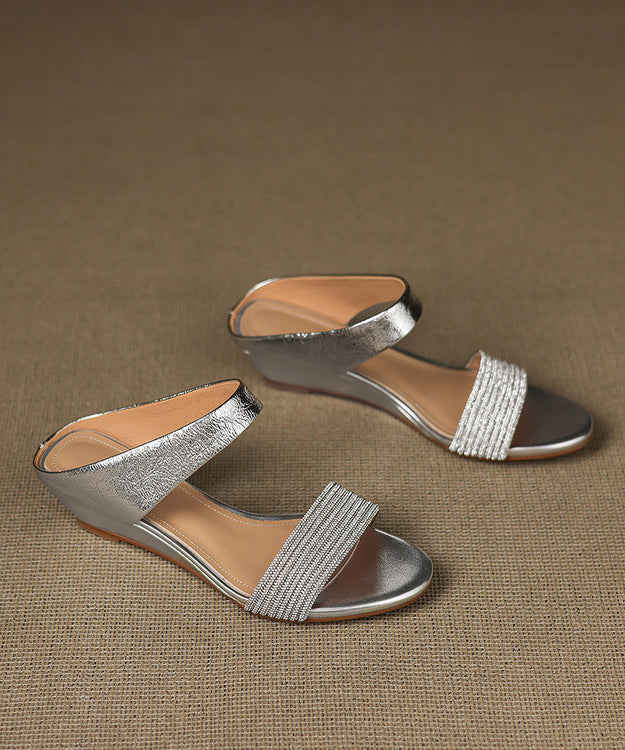 Stylish Silver Splicing Wedge Zircon Sheepskin Slide Sandals Peep Toe
