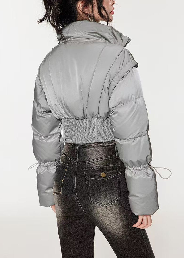 Stylish Silvery Drawstring Duck Down Puffer Jacket Winter