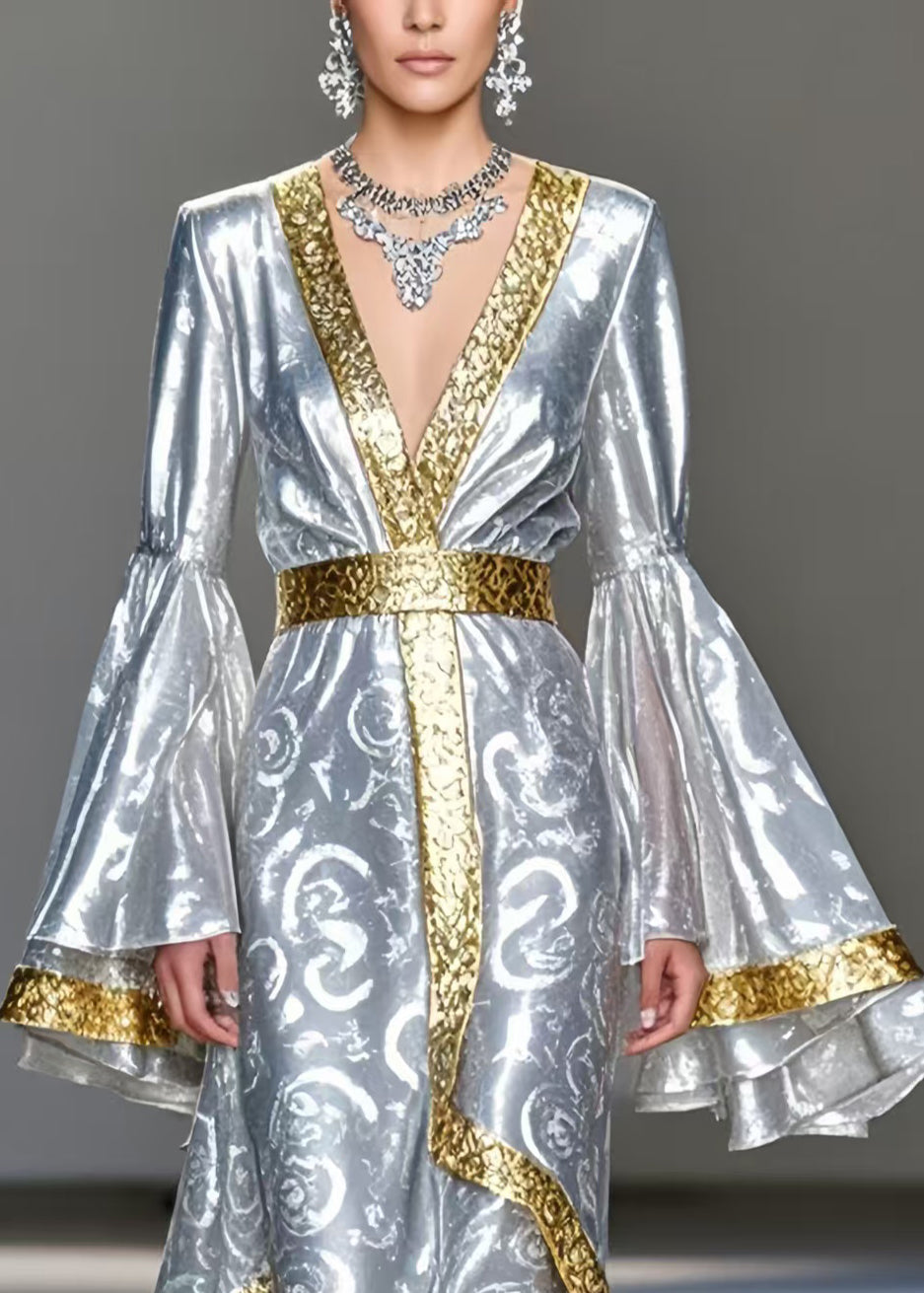 Stylish Silvery Print Patchwork Silk Party Dress Flare Sleeve