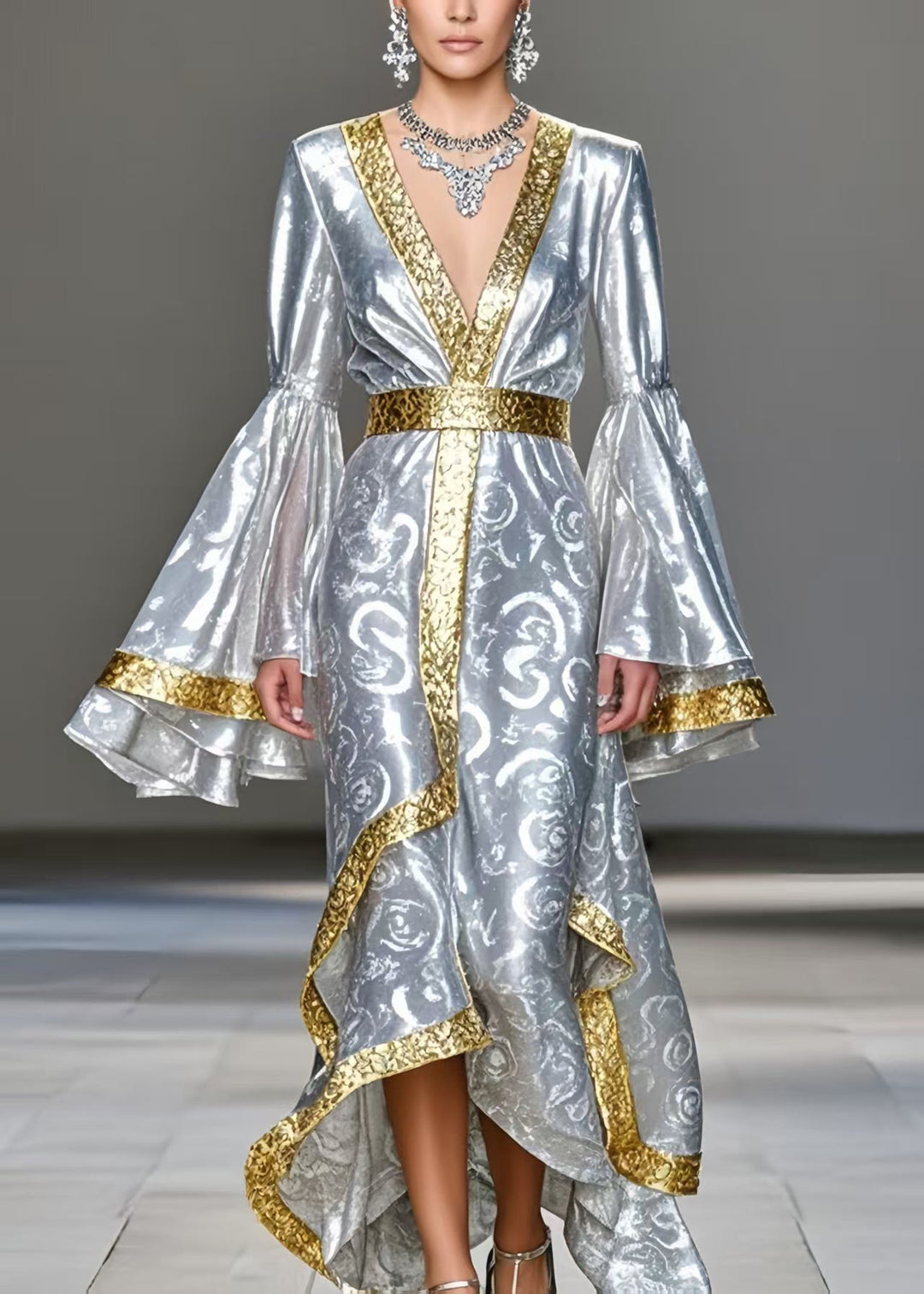Stylish Silvery Print Patchwork Silk Party Dress Flare Sleeve