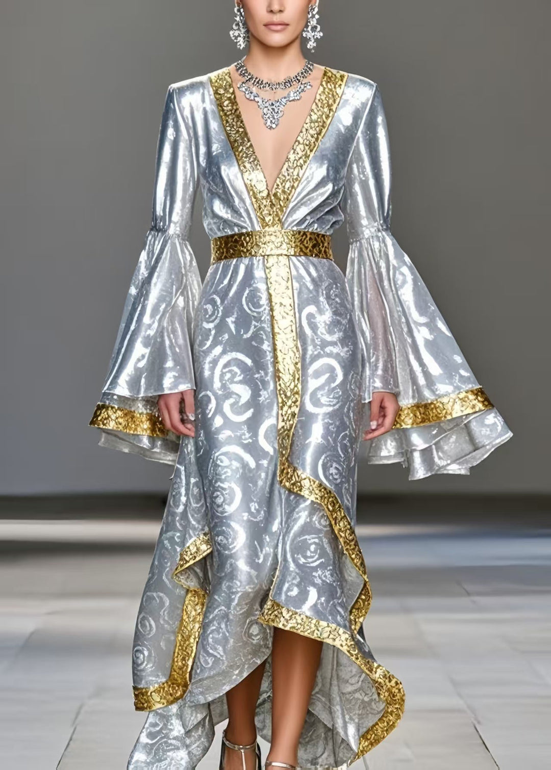 Stylish Silvery Print Patchwork Silk Party Dress Flare Sleeve