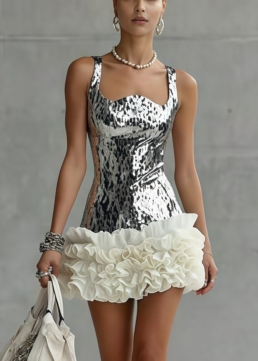 Stylish Silvery Ruffled Patchwork Mini Dresses Summer
