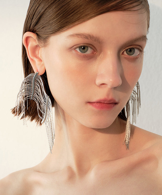 Stylish Silvery Tasseled Asymmetrical Design Metal Drop Earrings