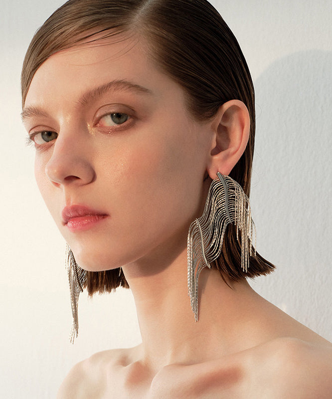 Stylish Silvery Tasseled Asymmetrical Design Metal Drop Earrings