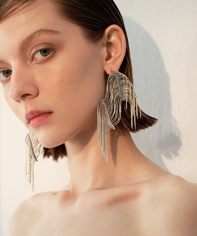 Stylish Silvery Tasseled Asymmetrical Design Metal Drop Earrings