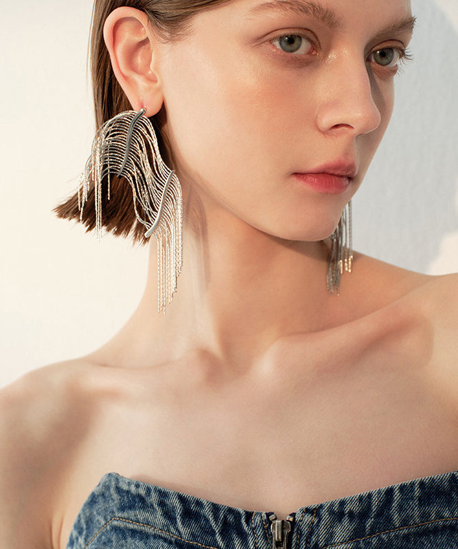 Stylish Silvery Tasseled Asymmetrical Design Metal Drop Earrings