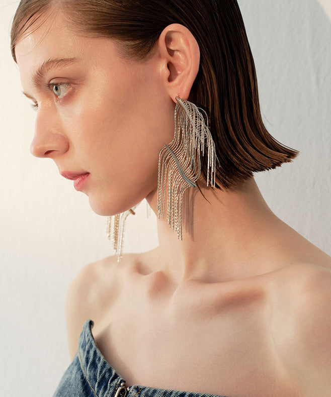 Stylish Silvery Tasseled Asymmetrical Design Metal Drop Earrings