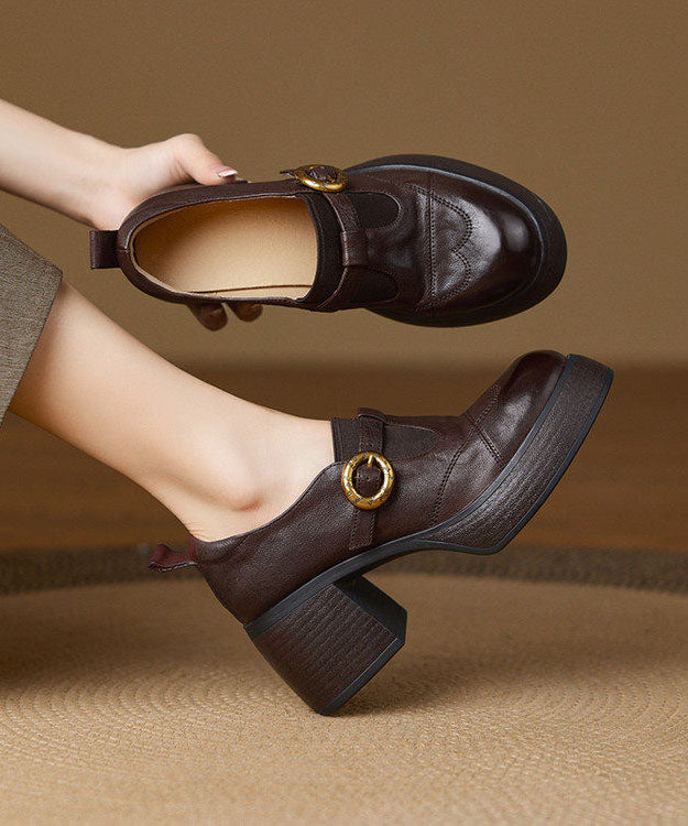 Stylish Splicing Chunky Heel Brown Cowhide Leather