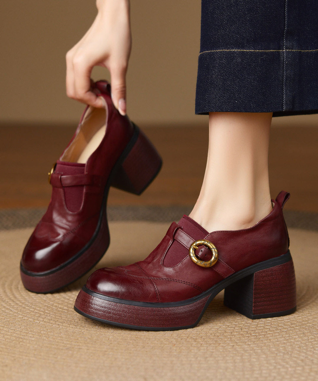 Stylish Splicing Chunky Heel Brown Cowhide Leather