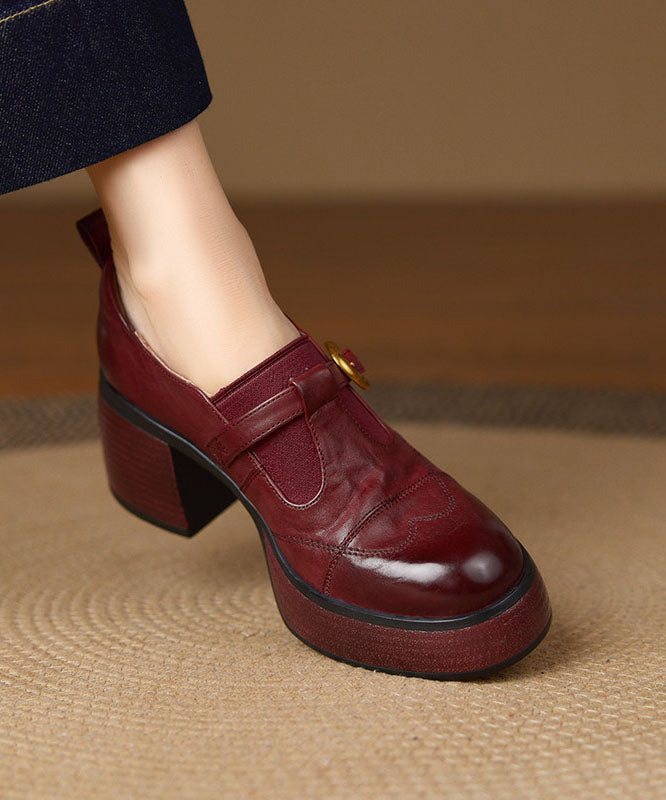 Stylish Splicing Chunky Heel Brown Cowhide Leather