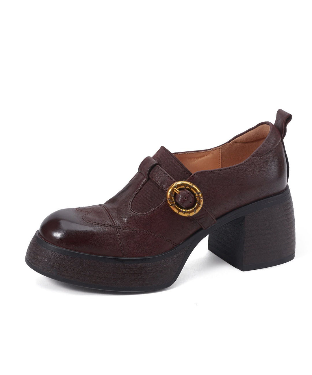 Stylish Splicing Chunky Heel Brown Cowhide Leather