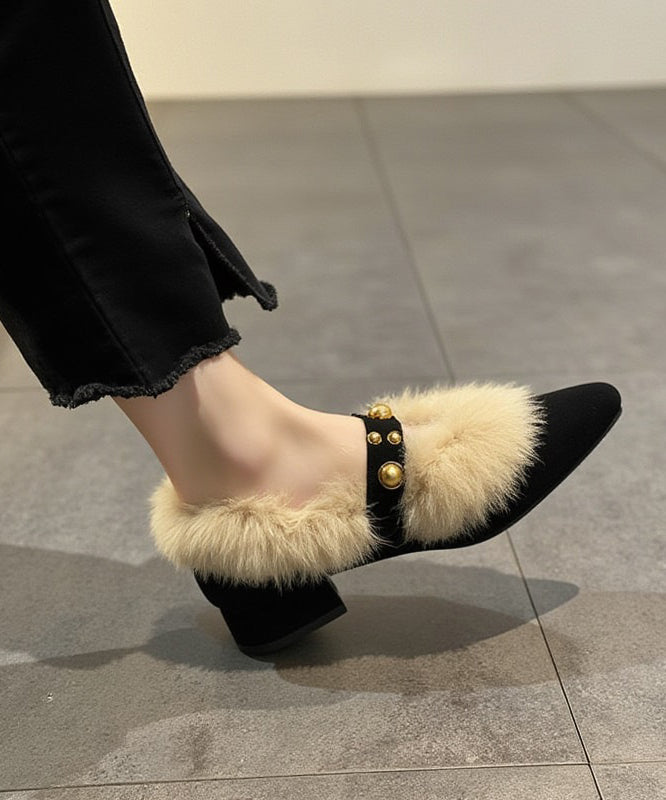 Stylish Splicing Chunky Shoes Pink Suede Fuzzy Wool Lined