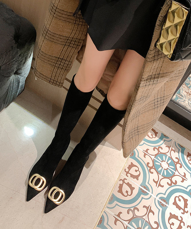 Stylish Splicing Stiletto Boots Black Suede Pointed Toe