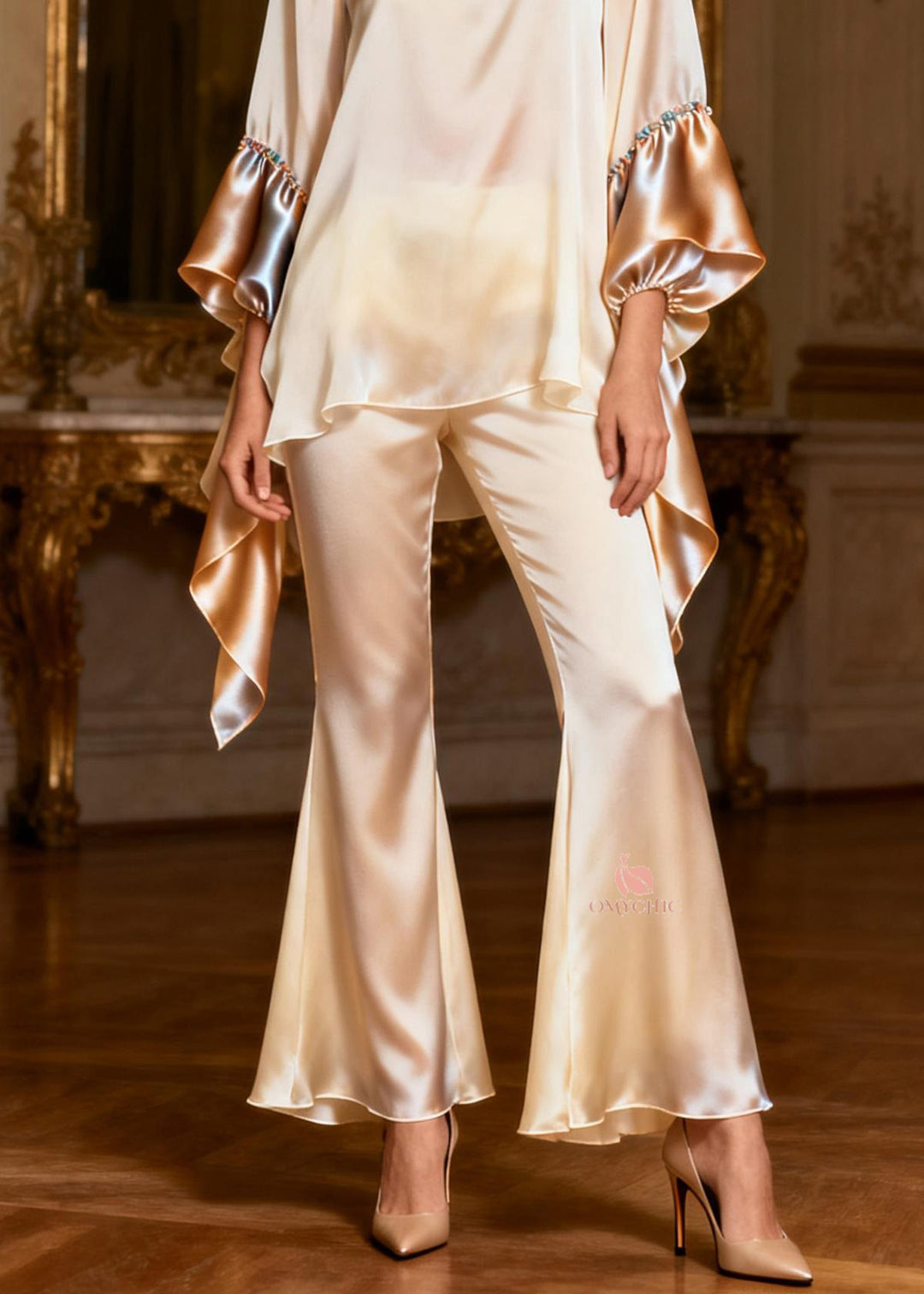 Stylish Square Collar Patchwork Silk Two Pieces Set Spring