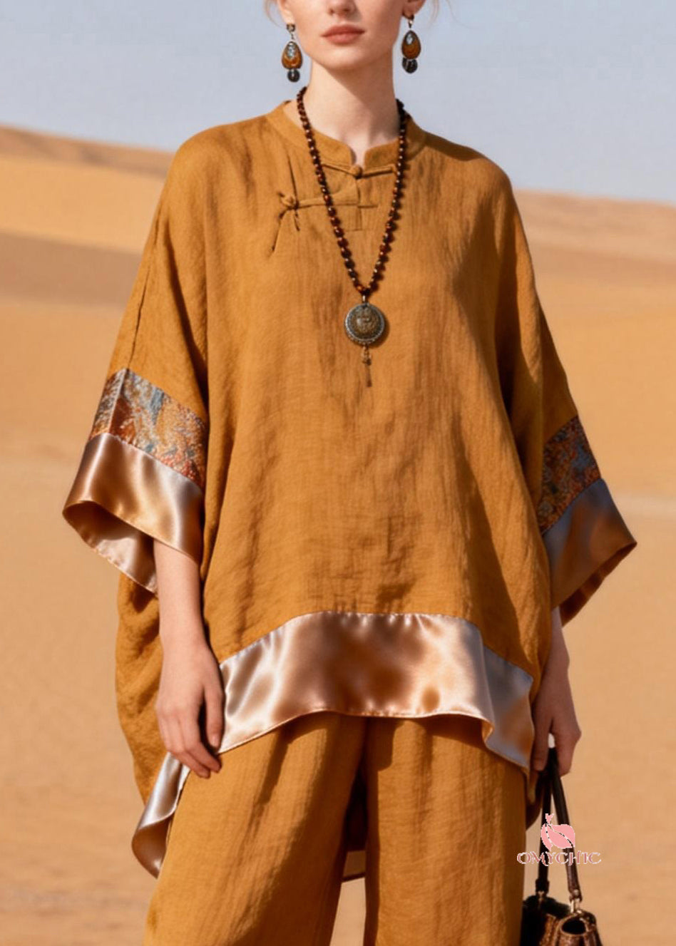 Stylish Stand Collar Button Silk Patchwork Linen Two Pieces Set Bracelet Sleeve