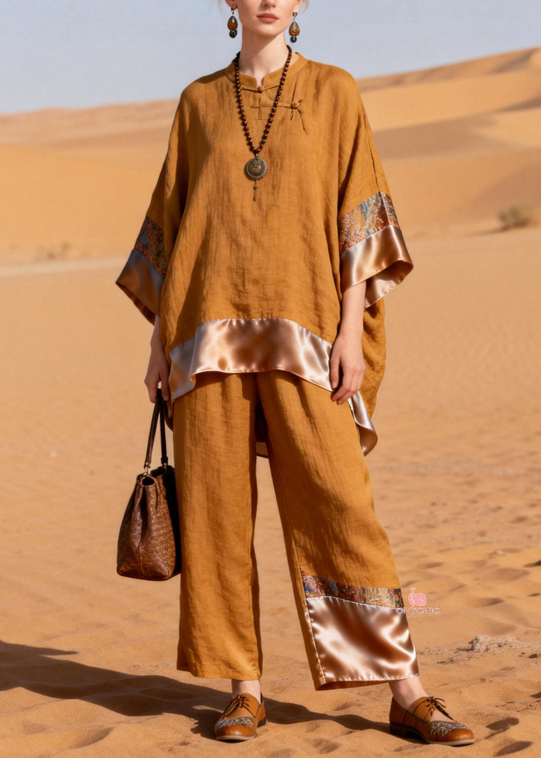 Stylish Stand Collar Button Silk Patchwork Linen Two Pieces Set Bracelet Sleeve