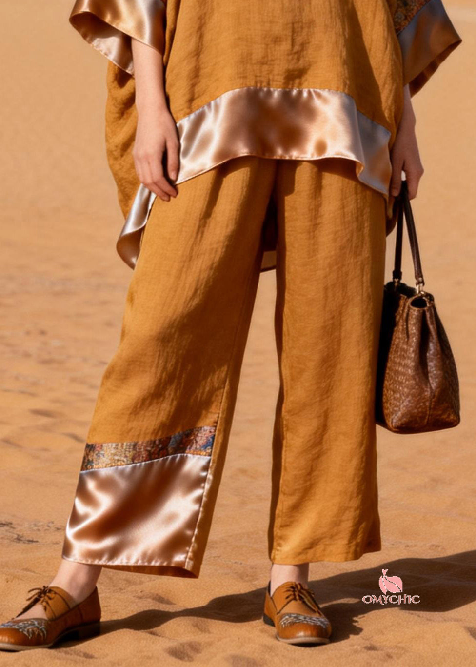 Stylish Stand Collar Button Silk Patchwork Linen Two Pieces Set Bracelet Sleeve