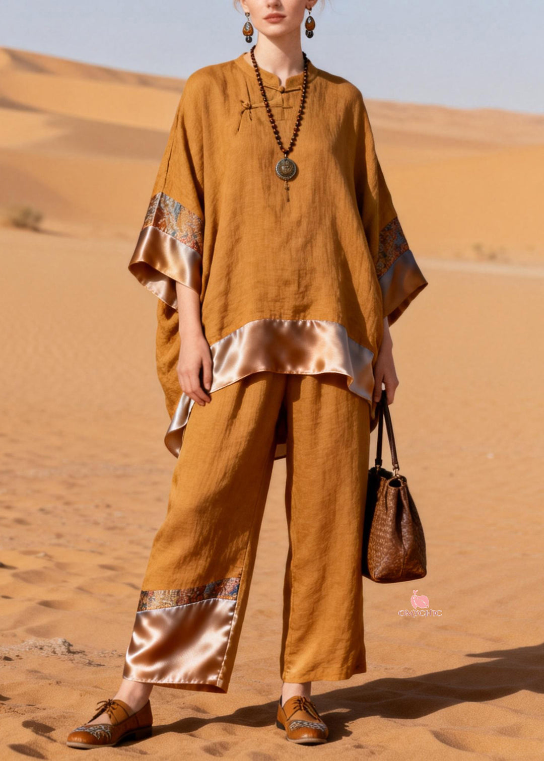 Stylish Stand Collar Button Silk Patchwork Linen Two Pieces Set Bracelet Sleeve