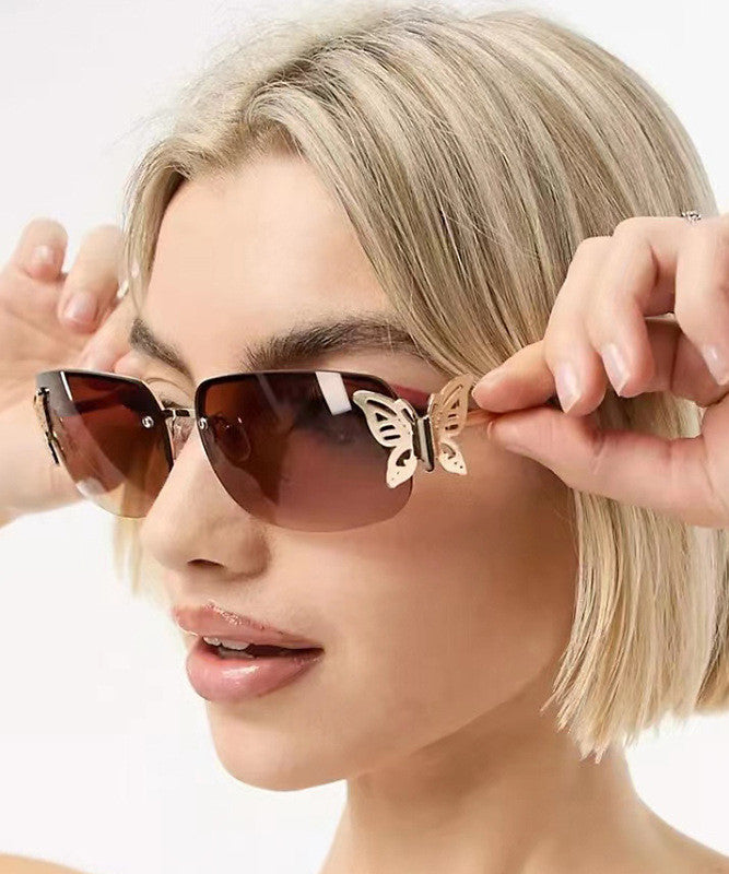 Stylish Tea Color Butterfly Shaped Diamond Studded Frameless Sunglasses