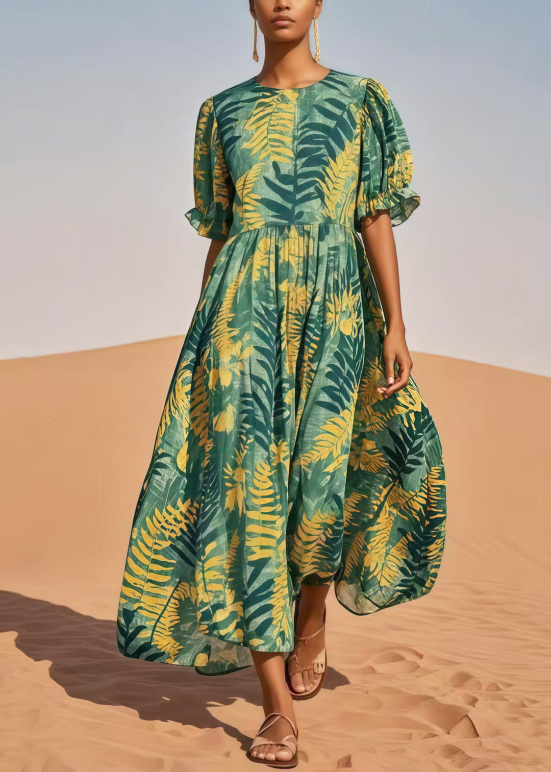 Stylish Tea Green Print Cotton Maxi Dresses Summer