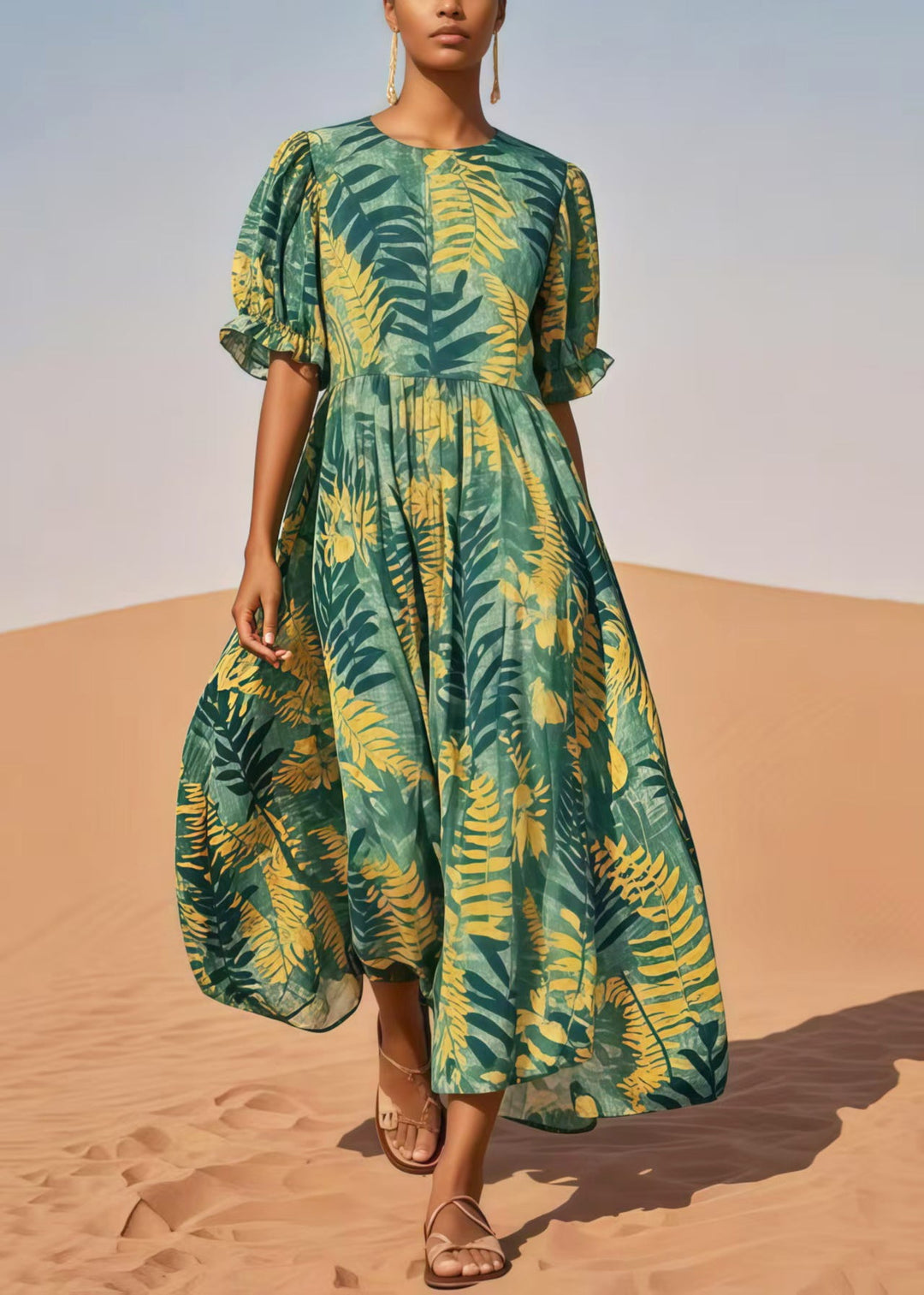Stylish Tea Green Print Cotton Maxi Dresses Summer