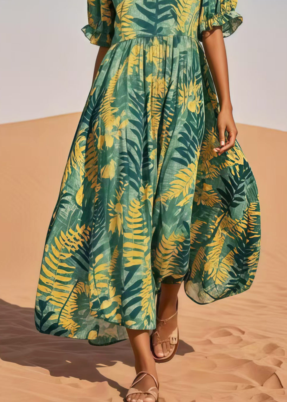 Stylish Tea Green Print Cotton Maxi Dresses Summer