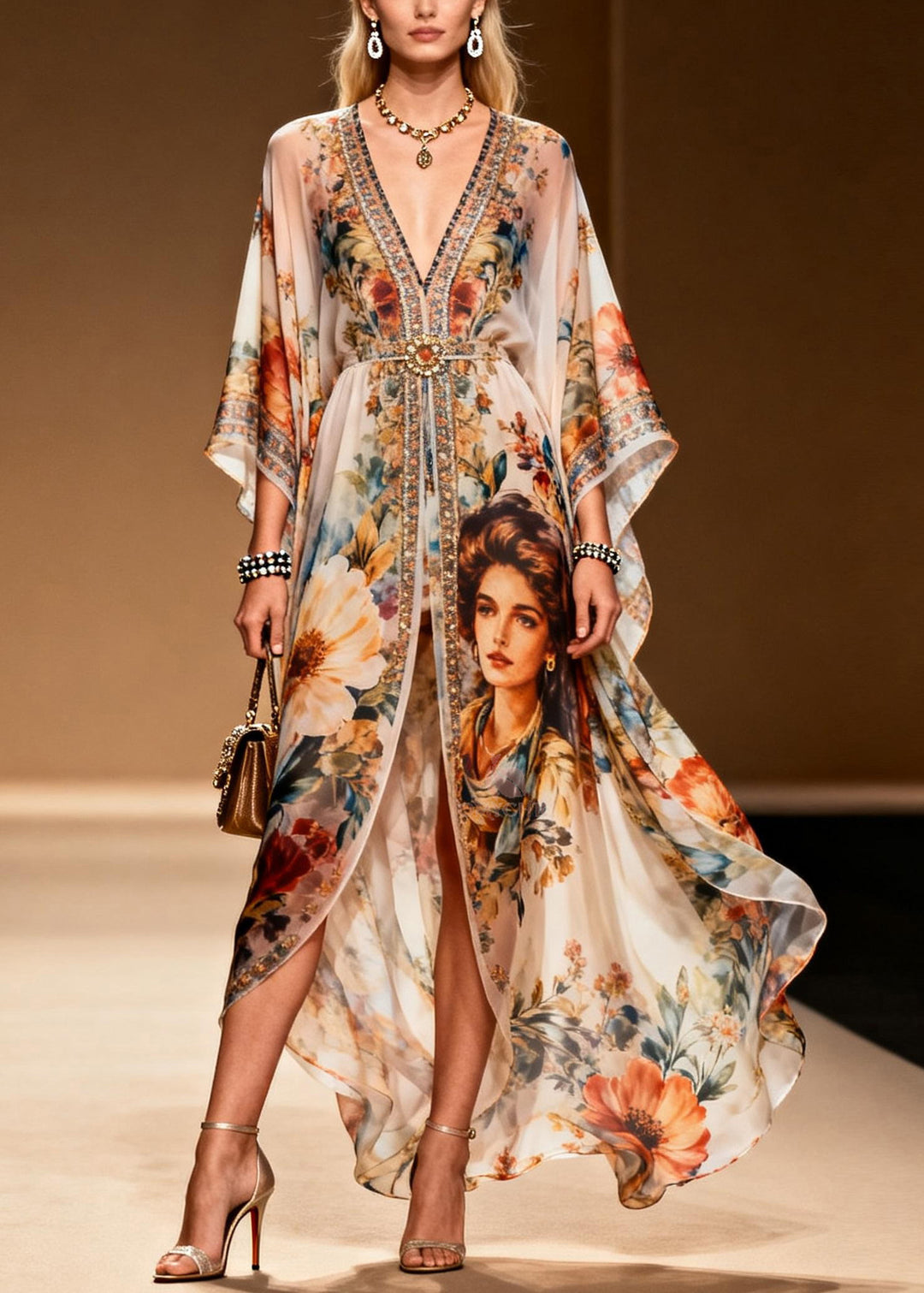 Stylish V Neck Asymmetrical Print Zircon Chiffon Dress Summer