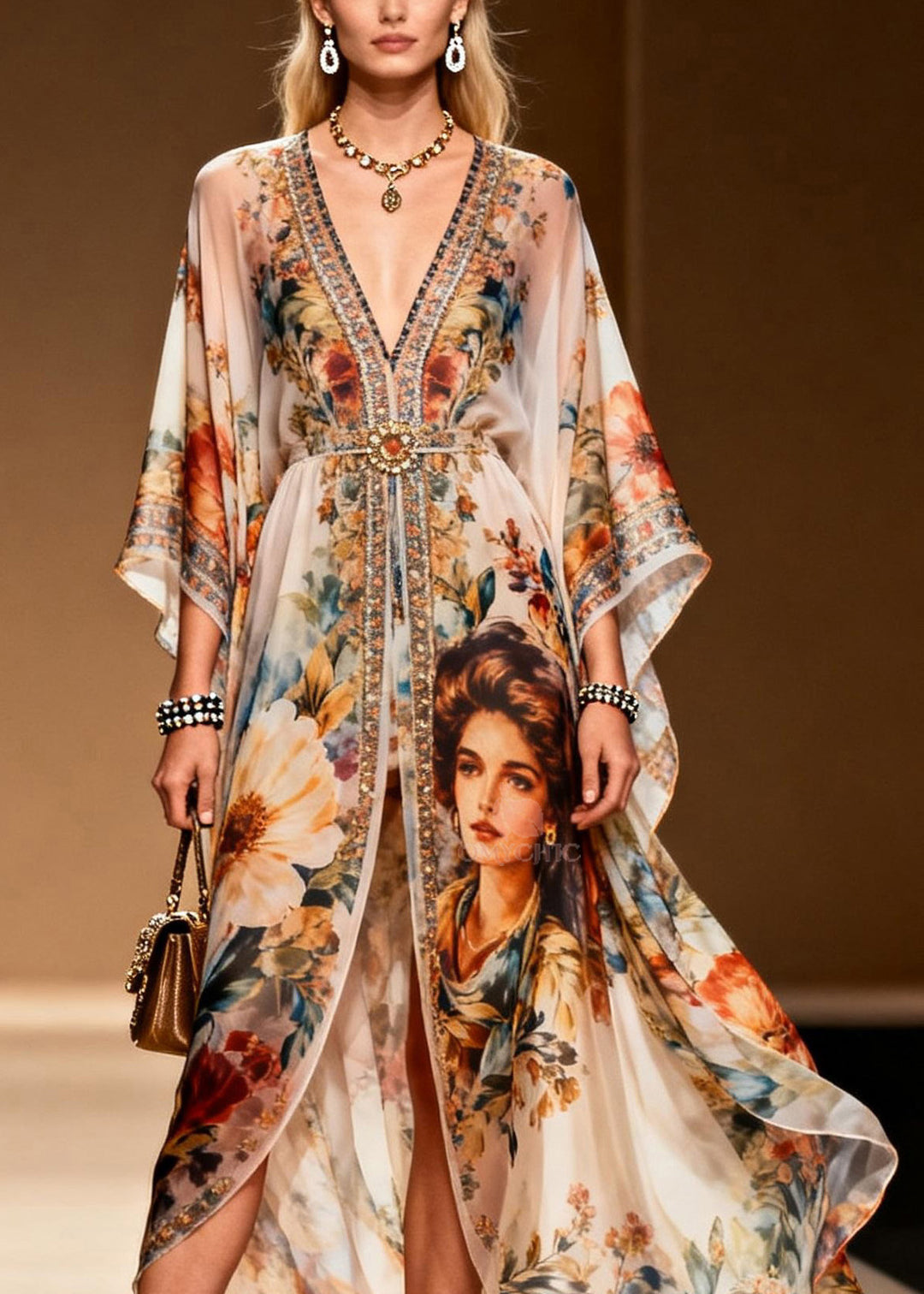 Stylish V Neck Asymmetrical Print Zircon Chiffon Dress Summer