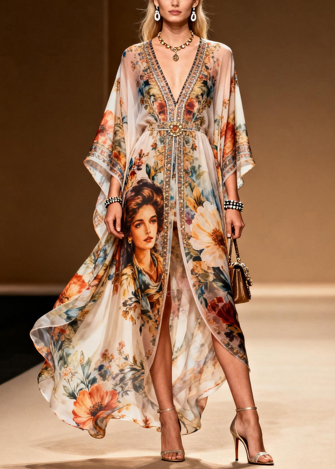 Stylish V Neck Asymmetrical Print Zircon Chiffon Dress Summer