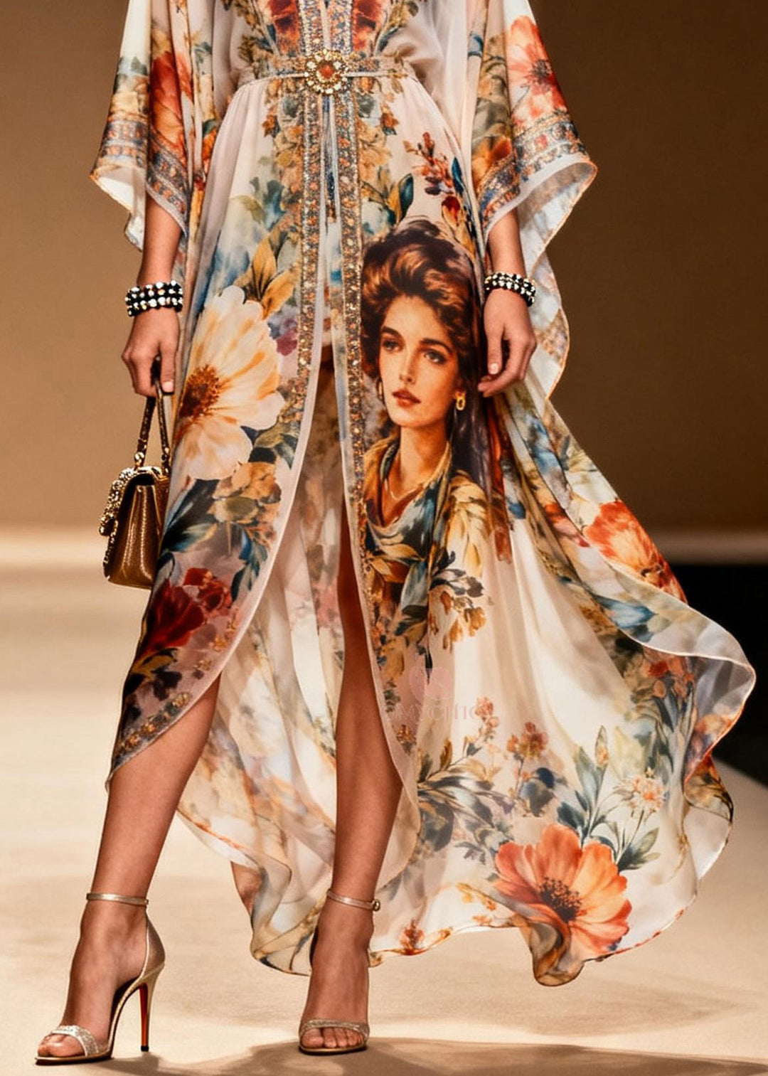 Stylish V Neck Asymmetrical Print Zircon Chiffon Dress Summer