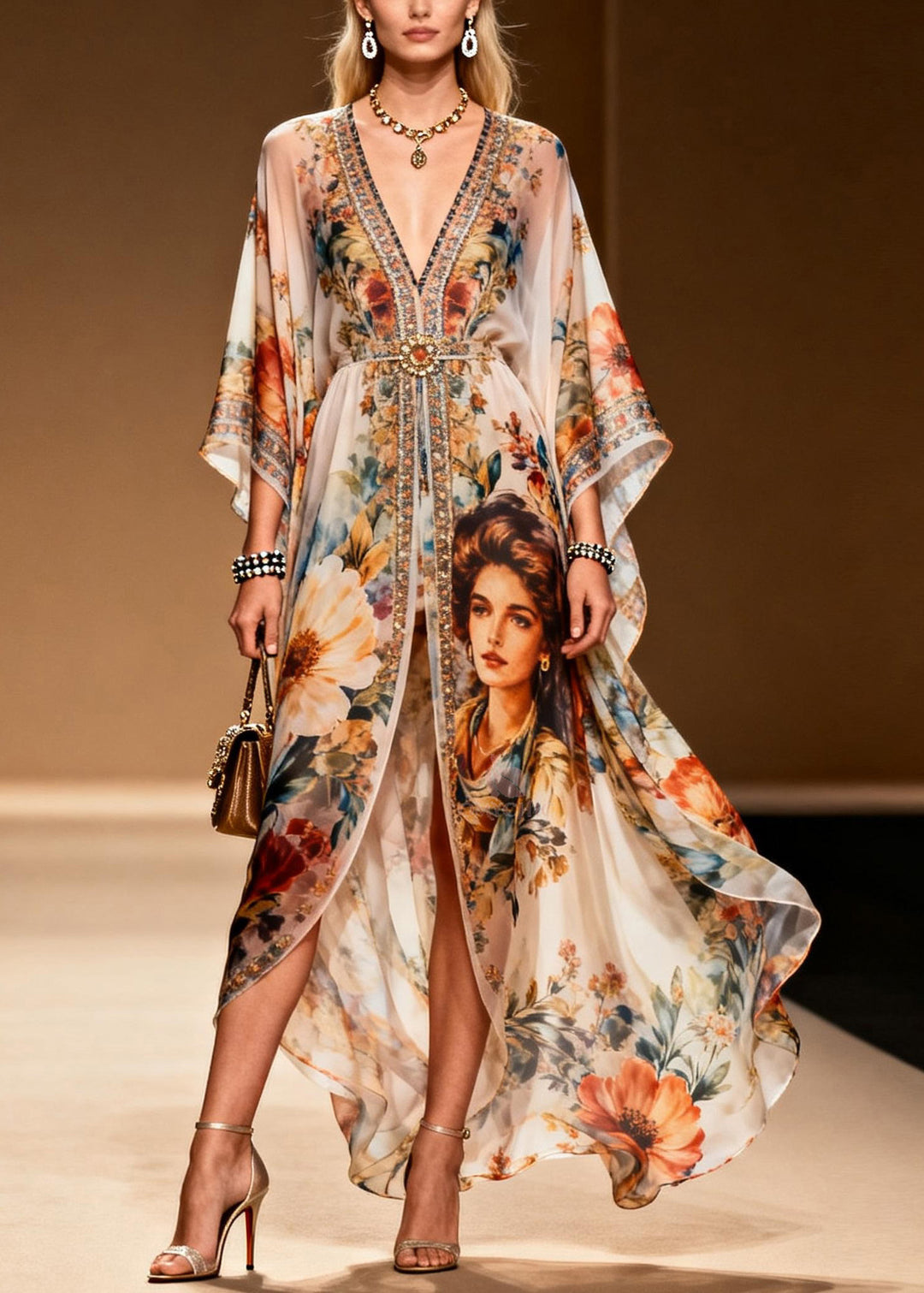Stylish V Neck Asymmetrical Print Zircon Chiffon Dress Summer