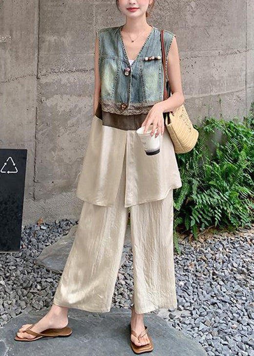 Stylish V Neck Denim Patchwork Cotton Two Pieces Set Summer