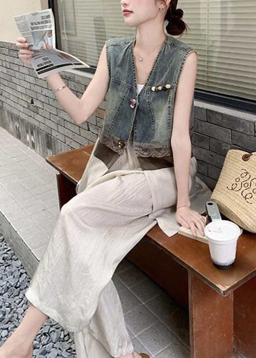 Stylish V Neck Denim Patchwork Cotton Two Pieces Set Summer