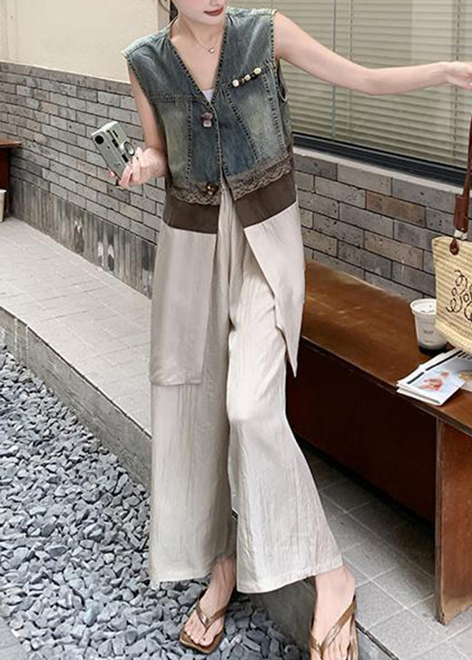 Stylish V Neck Denim Patchwork Cotton Two Pieces Set Summer