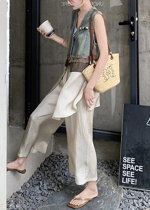Stylish V Neck Denim Patchwork Cotton Two Pieces Set Summer