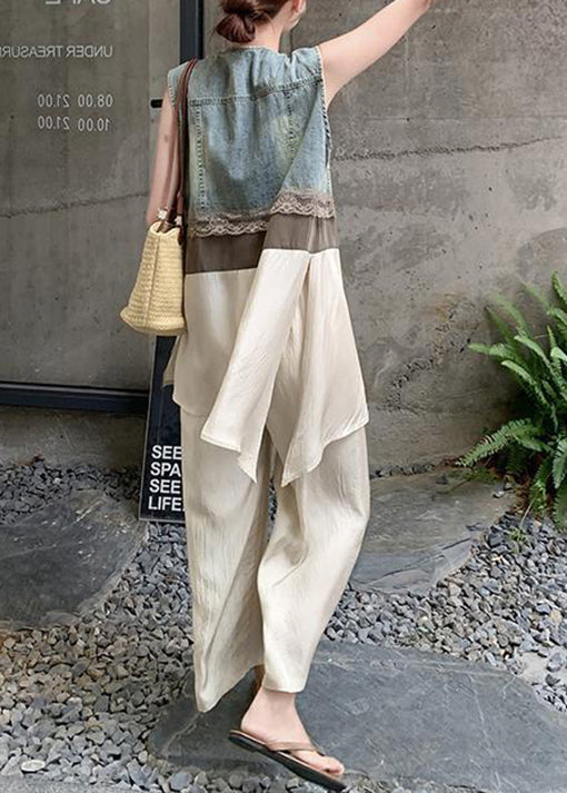 Stylish V Neck Denim Patchwork Cotton Two Pieces Set Summer
