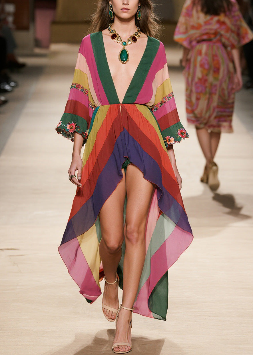 Stylish V Neck Floral Low High Design Chiffon Dresses Summer