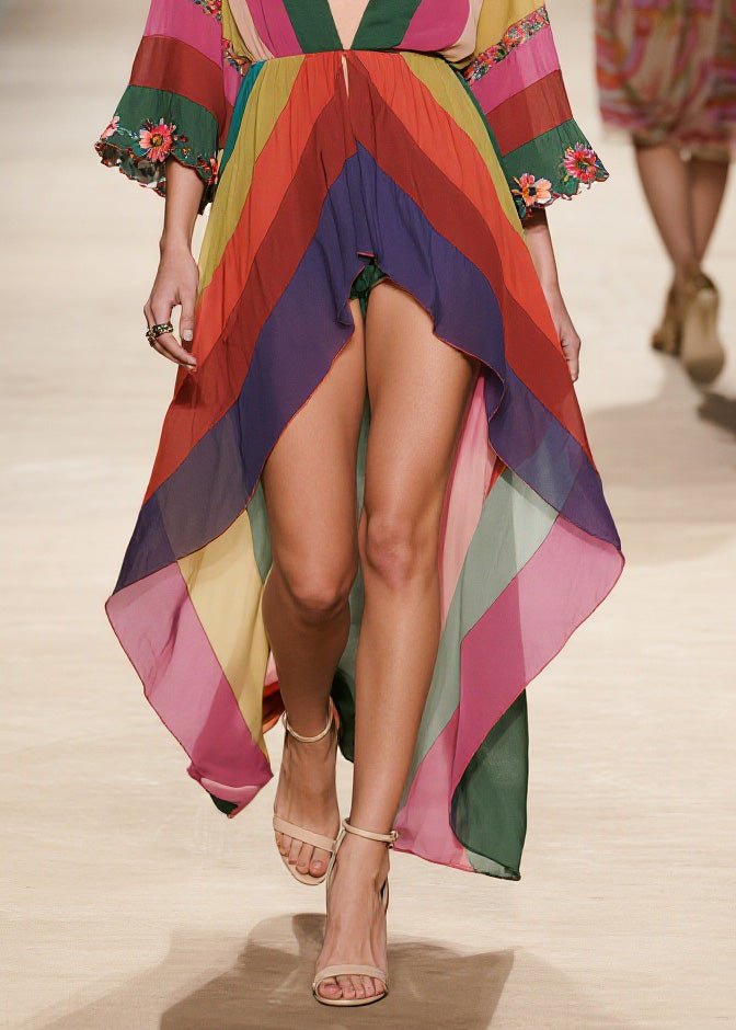 Stylish V Neck Floral Low High Design Chiffon Dresses Summer