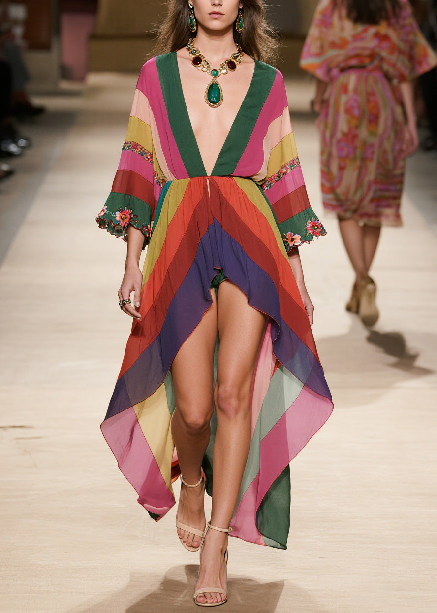 Stylish V Neck Floral Low High Design Chiffon Dresses Summer