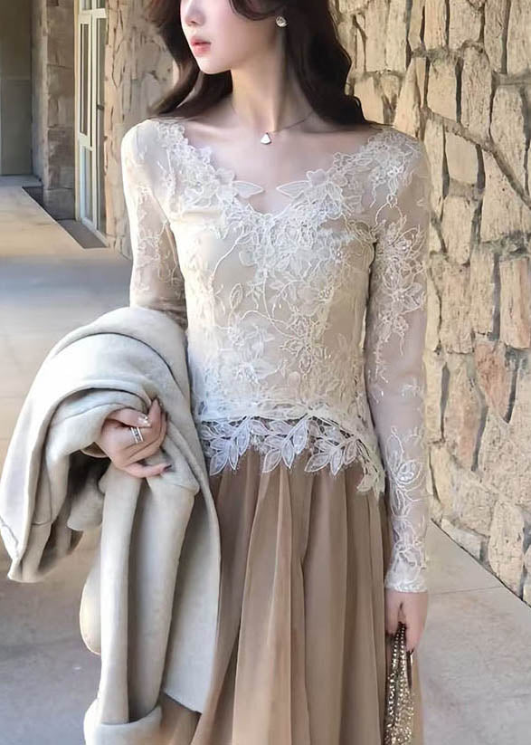 Stylish V Neck Hollow Out Lace T Shirt Top Fall