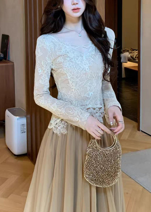 Stylish V Neck Hollow Out Lace T Shirt Top Fall