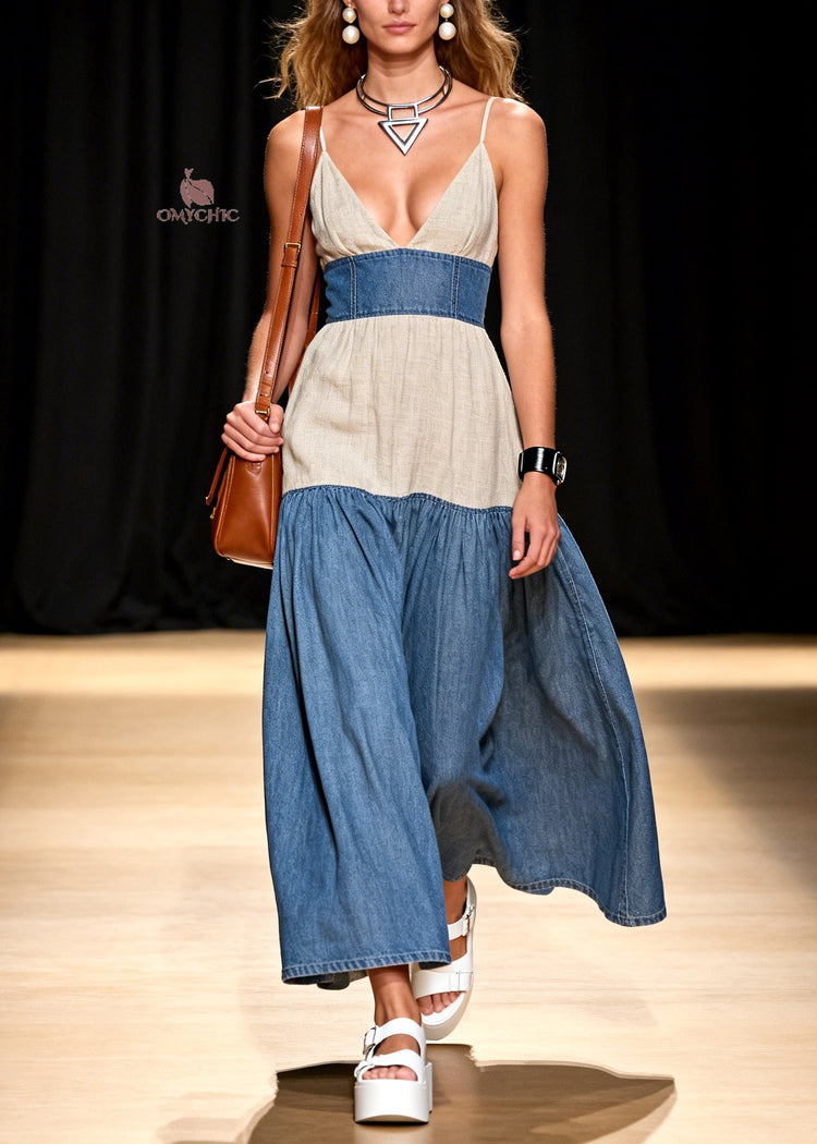 Stylish V Neck Patchwork Denim Spaghetti Strap Dress Sleeveless - Omychic