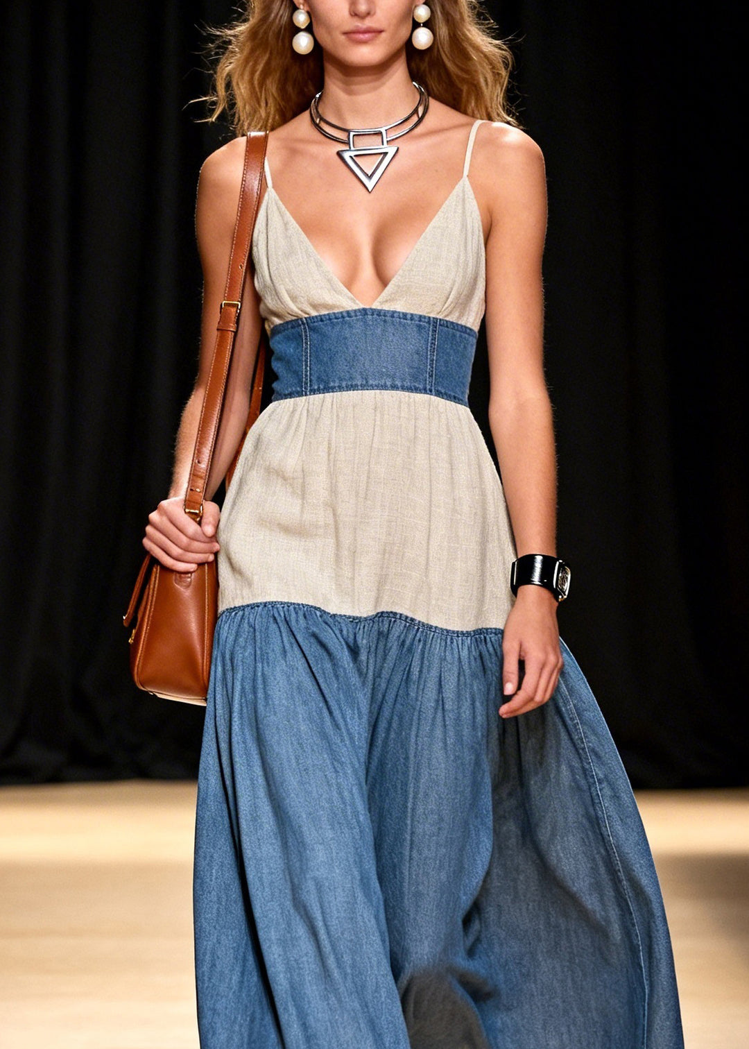 Stylish V Neck Patchwork Denim Spaghetti Strap Dress Sleeveless - Omychic