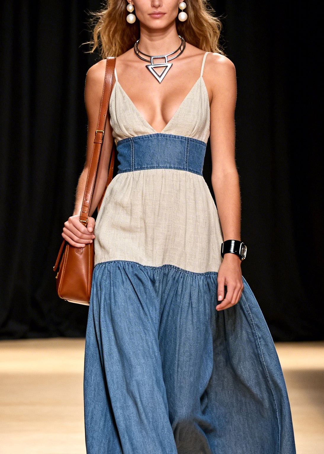 Stylish V Neck Patchwork Denim Spaghetti Strap Dress Sleeveless - Omychic