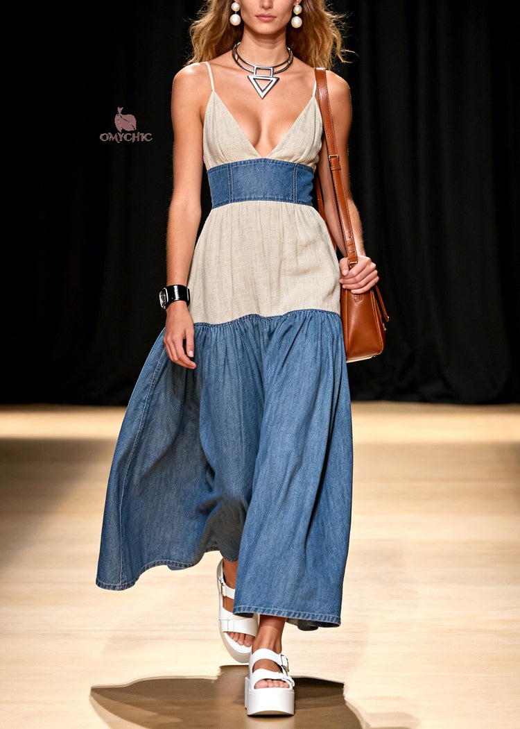 Stylish V Neck Patchwork Denim Spaghetti Strap Dress Sleeveless - Omychic