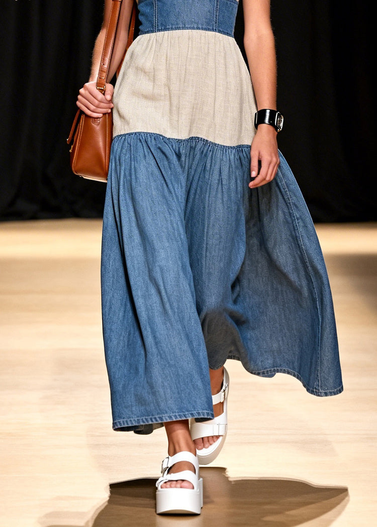 Stylish V Neck Patchwork Denim Spaghetti Strap Dress Sleeveless - Omychic