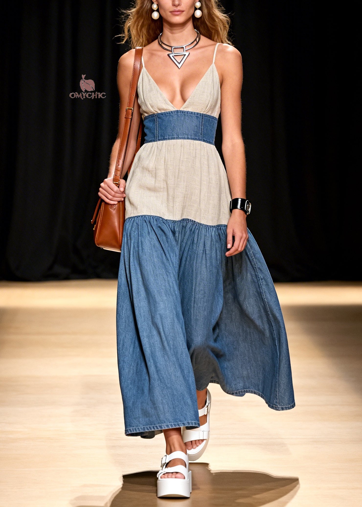 Stylish V Neck Patchwork Denim Spaghetti Strap Dress Sleeveless - Omychic