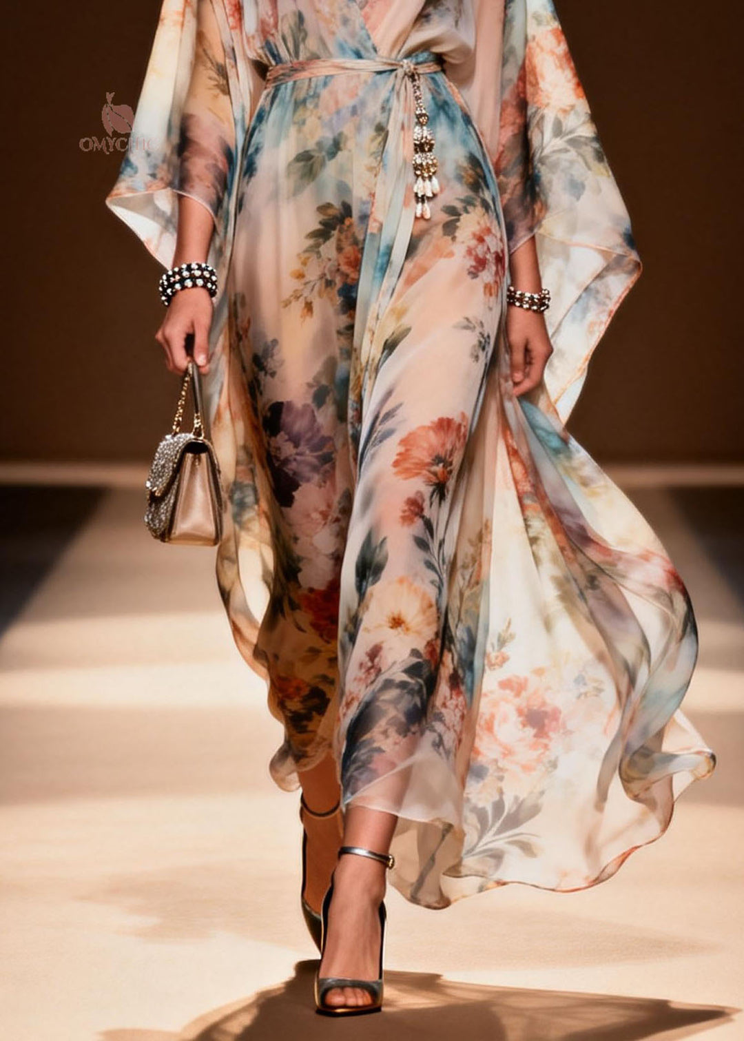 Stylish V Neck Print Loose Chiffon Maxi Dresses Spring