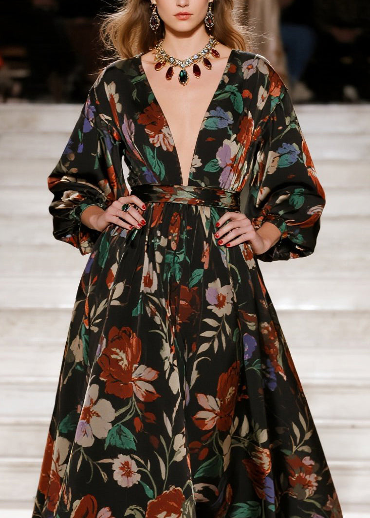 Stylish V Neck Print Loose Cotton Long Dress Fall